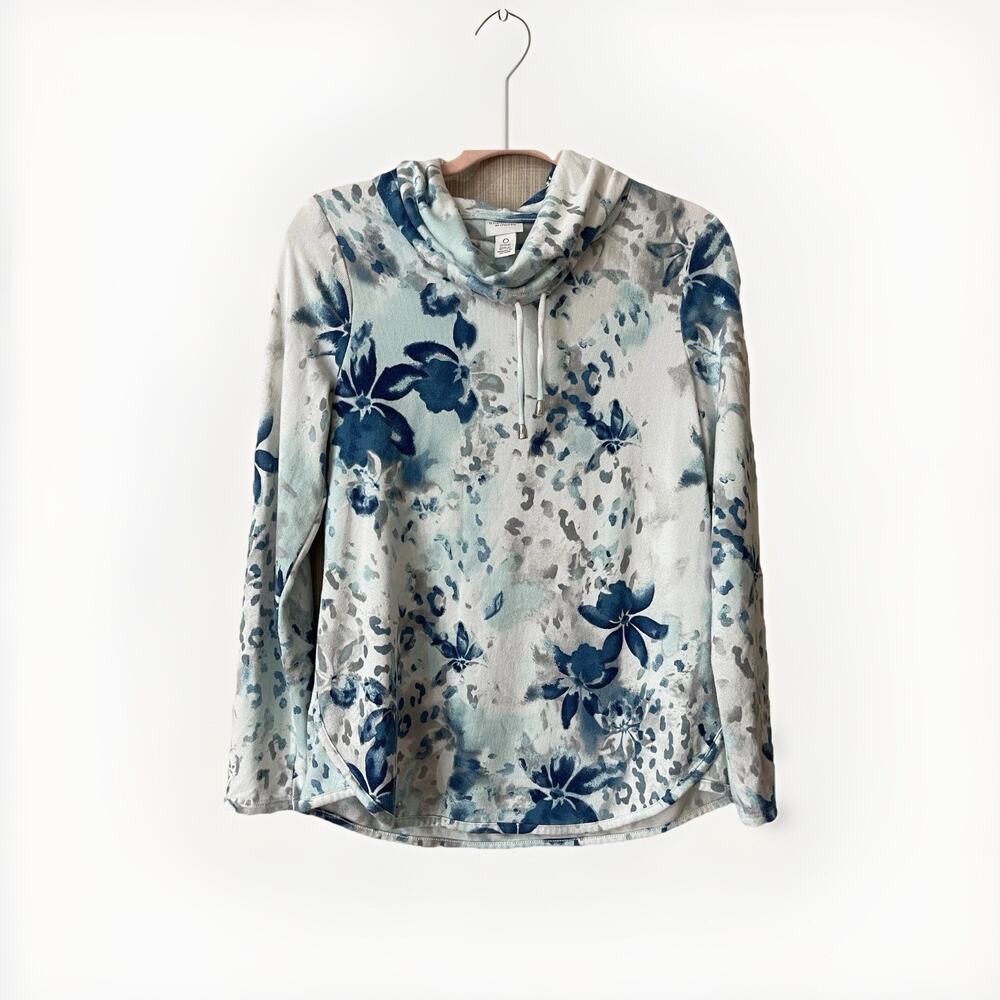 Weekends By Chico’s Women’s Sz S Long Sleeve Cowl Neck Floral Top Blue Green